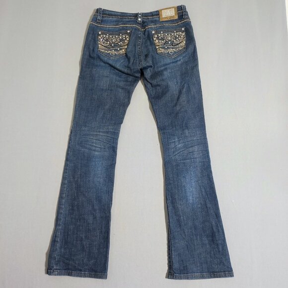 L.A.Idol flare jeans women's junior size 7 dark wash blue rhinestones decor - Picture 3 of 15